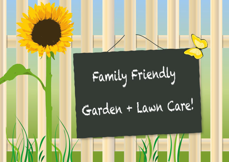 Vector illustration of a picket fence with a sunflower and butterfly and chalkboard sign with the writing "family friendly garden + lawn care!"
